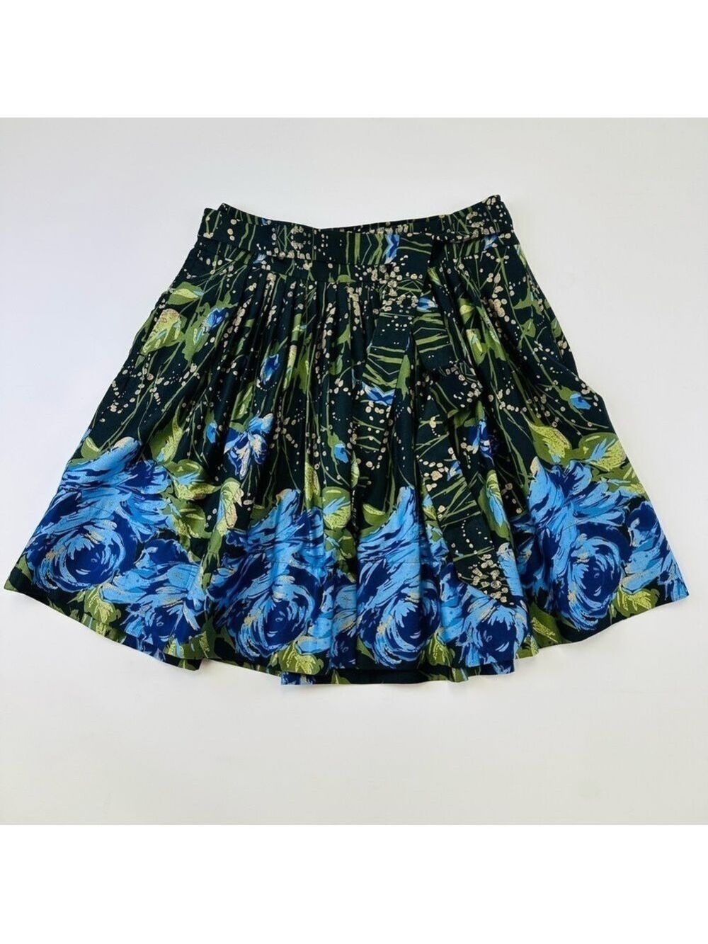 Ann Taylor LOFT black blue print full Aline floral belted circle skirt Size 8